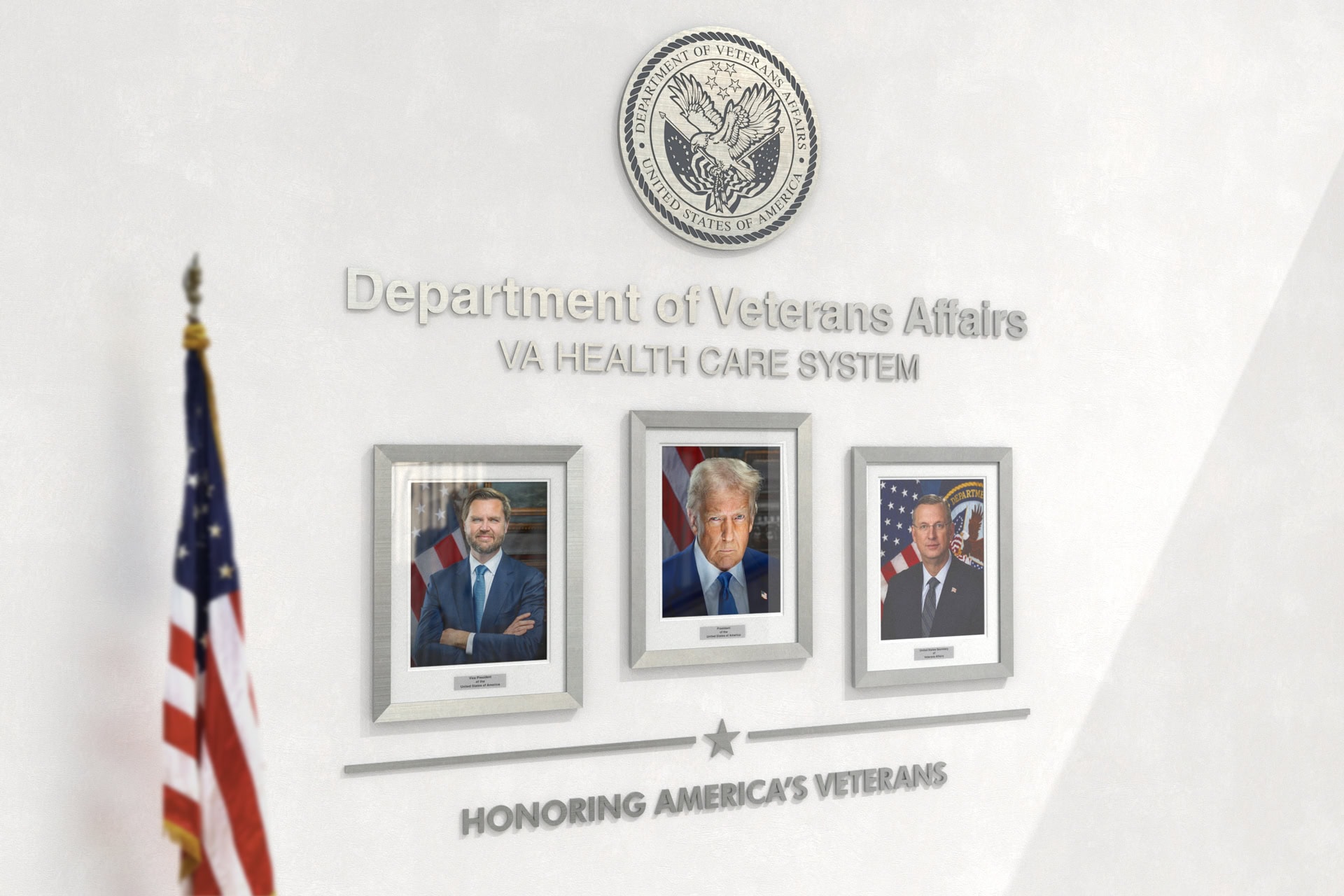 Portraits of POTUS, Vice President, and Secretary of VA combined with dimensional text and official VA seal.