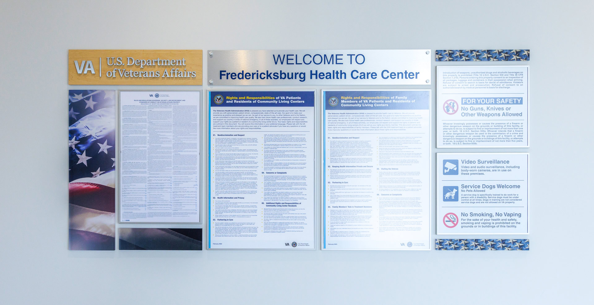 VA policy wall with mandatory entrance signage components
